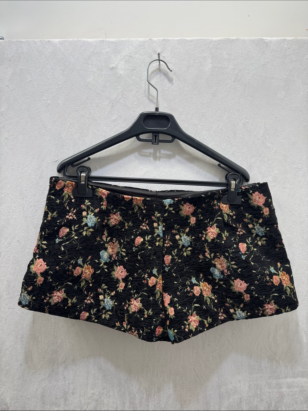 Zara Black High-Waist Floral Shorts with Pink and Blue Roses